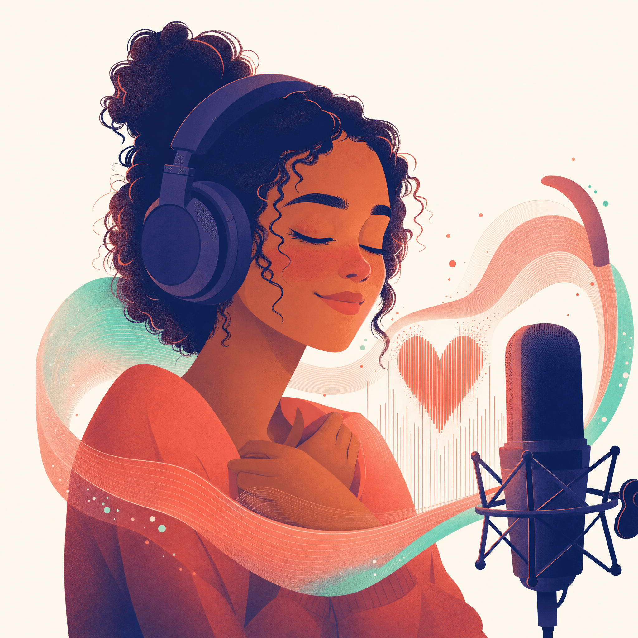 Ilustração de uma criadora de olhos fechados cantando ao microfone, com a onda da voz virando um coração