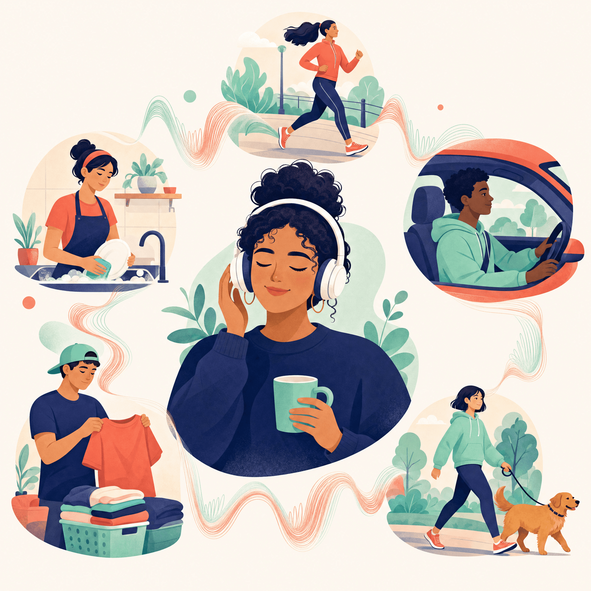Ilustração de uma ouvinte de fones ao centro, ligada por ondas a cenas de corrida, louça, roupa, carro e passeio com o cachorro